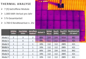 Ausschnitt Auswertung Wirtschaftlichkeitsanalyse: Verlust durch defekte Zellen bei einer PV Anlage