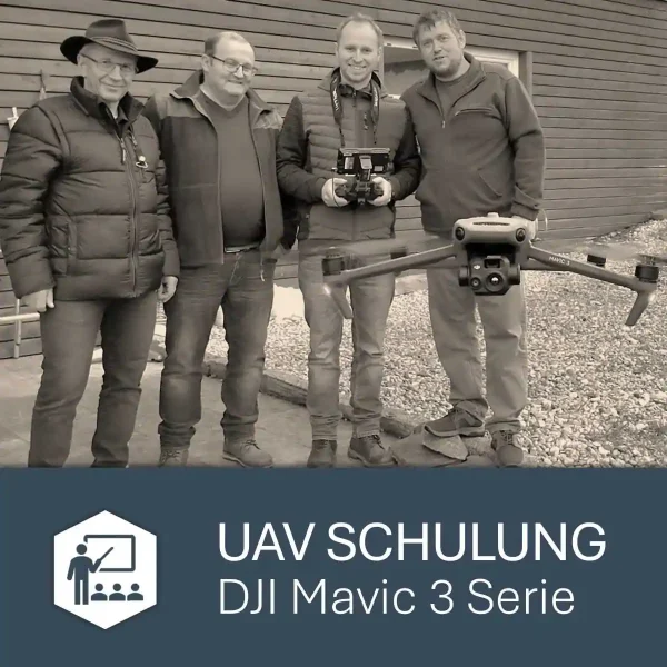 Titelbild: Drohnenschulung für die DJI Mavic 3 Serie mit Schulungsgruppe und Titeltext